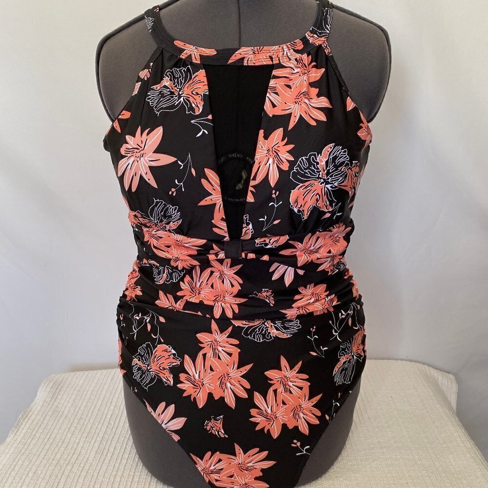 One Pc Black & Orange Floral  Swim Bathing Suit